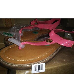 Tommy Hilfiger Women's Burke Flat Sandal Pink Brown T Strap 8M